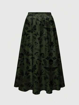 Goth Gonna oversize con stampe gotiche di scheletri, piante, falene, farfalle, palme, funghi, soli e lune, vestibilità morbida