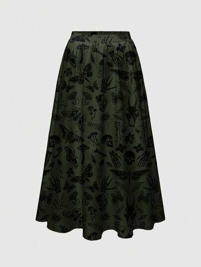 Plus Size Gothic Skeleton, Plant, Moth, Butterfly, Palm, Mushroom, Sun & Moon Print Loose Fit Skirt