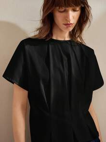 Ontre 2026 Spring/Summer New Round Neck Waist Cinched Short Sleeve Shirt, Urban Commute Business Casual - Black - View 7