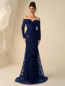 Coutiva 优雅亮片 V 领落肩长袖鱼尾裙连衣裙，非常适合婚礼、红毯、歌剧之夜和豪华晚宴、派对礼服、婚礼宾客礼服、正式礼服、晚礼服 - 寶藍色 - 查看 5