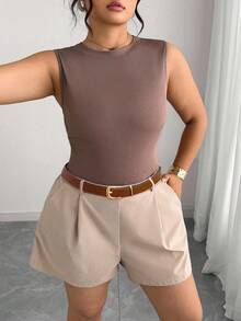 Elenzga 女式加大码无袖针织上衣和 A 字短裤（配腰带）2 件套，休闲装 2 件短套装女式两件短裤套装女式 2 件短装女式 2 件服装舒适两件套 - 咖啡棕 - 查看 7