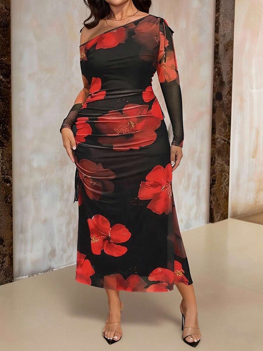 Roveilla Plus Size Floral Print Mesh Patchwork High Slit Long Sleeve Dress,Elegant Hibiscus One Shoulder Bodycon Maxi Black And Red,Autumn,Elegant,Party Dress - Black - View 1