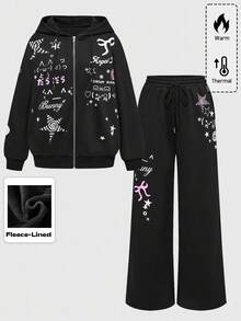 ROMWE 2 件套女士可爱甜美女孩星星蝴蝶结翅膀宽松运动衫和运动裤套装