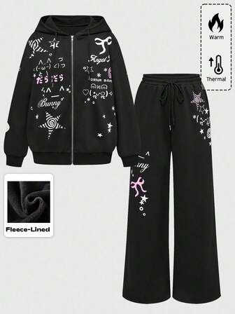 2 Stücke Damen süßer Mädchen Stern Schleife Flügel Loose Fit Sweatshirt und Jogginghose Set