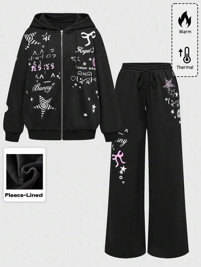 2 pièces Ensemble Sweat-shirt-shirt et pantalon de jogging ample, mignon et doux, avec étoiles, nœud papillon et ailes, pour femmes