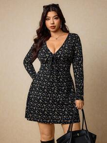 Elaquor Plus Size Women Ditsy Floral Front Tie Long Sleeve Casual Dress/Valentine's Day Spring - Black - View 3