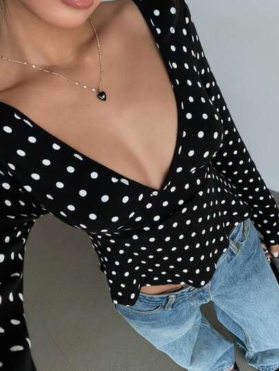 SHEIN EZwear White Polka Dot Bodycon Deep V-Neck Long Sleeve Sexy T-Shirt For Women Low Cut Top Cleavage Top Polkadot Top Polka Dot Top Long Sleeve Top
