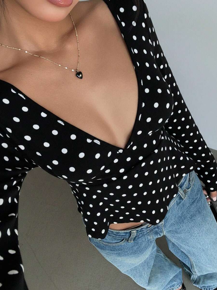 SHEIN EZwear White Polka Dot Bodycon Deep V-Neck Long Sleeve Sexy T-Shirt For Women Low Cut Top Cleavage Top Polkadot Top Polka Dot Top Long Sleeve Top - Black - View 1