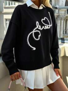 EURMUSE 休閒對比色愛心與心形圖案刺繡圓領可愛毛衣，適合嬌小女性 - 黑色 - 查看 3