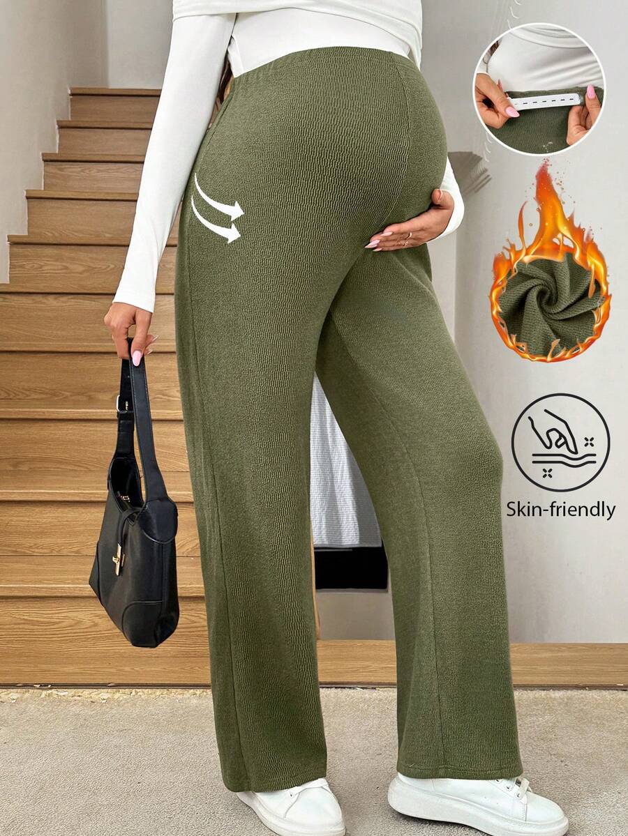 SHEIN Pantalones casuales rectos, sueltos y cómodos de cintura alta y unicolor para mujeres embarazadas - Verde - Ver 1