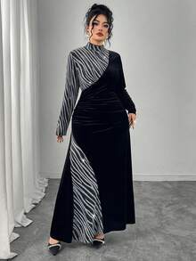 Modelyn 大码女式立领长袖天鹅绒拼接优雅派对连衣裙，秋冬 - 黑色 - 查看 5