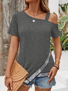 SHEIN LUNE Women's Fashion Sequin Patchwork Strap T-Shirt, Summer - Grey - View 3