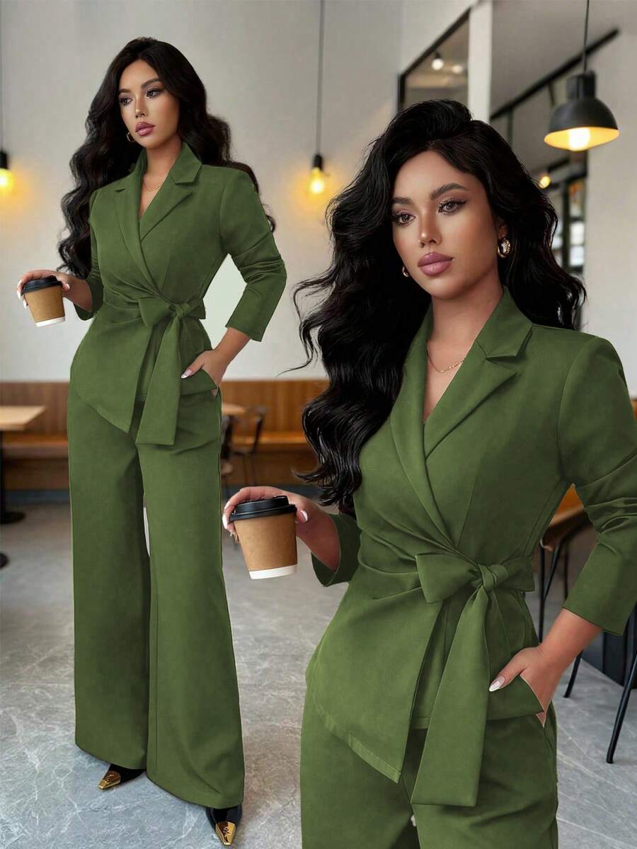 SHEIN Elenzya 女款橄欖綠秋季優雅辦公兩件套,咖啡棕彈性V領交叉胸前繫腰雙層專業職場套裝 - 軍綠色 - 查看 1