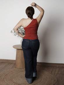 Lupita Cardoza Áo cánh nữ thời trang đa năng hình chữ S gợi cảm hở vai khóa kim loại trang trí, mùa xuân/hè - Màu Đỏ Sâu - Xem 2