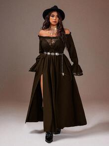 Rustia Plus Size Sexy Off-The-Shoulder Lace Bow Dress - Brown - View 5