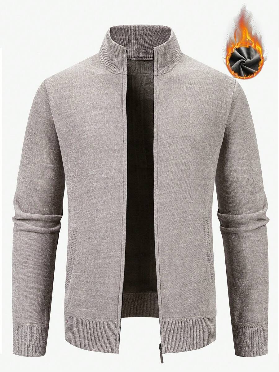 Manfinity Homme Men's Thermal Lined Casual Stand Collar Long Sleeve Cardigan, Versatile For Autumn/Winter - Grey - View 1