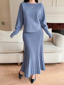 DAZY Women's Elegant Solid Color Sweater & A-Line Skirt 2 Pieces Set, Autumn - Blue - View 1