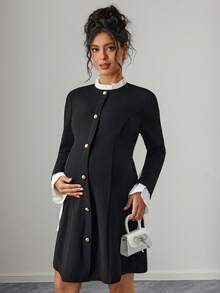 Momance Color Block Bow Cuff Long Sleeve Dress - Black and White - View 4
