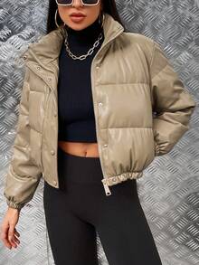 EMERY ROSE Women's Solid Color Long Sleeve Zipper Front Short Padded Coat For Winter Clothes - Camel - View 1