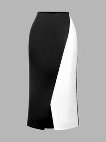 SHEIN Privé Rok Wanita Elegan Pas Badan dengan Resleting Kontras Hitam & Putih - Hitam dan Putih - View 1