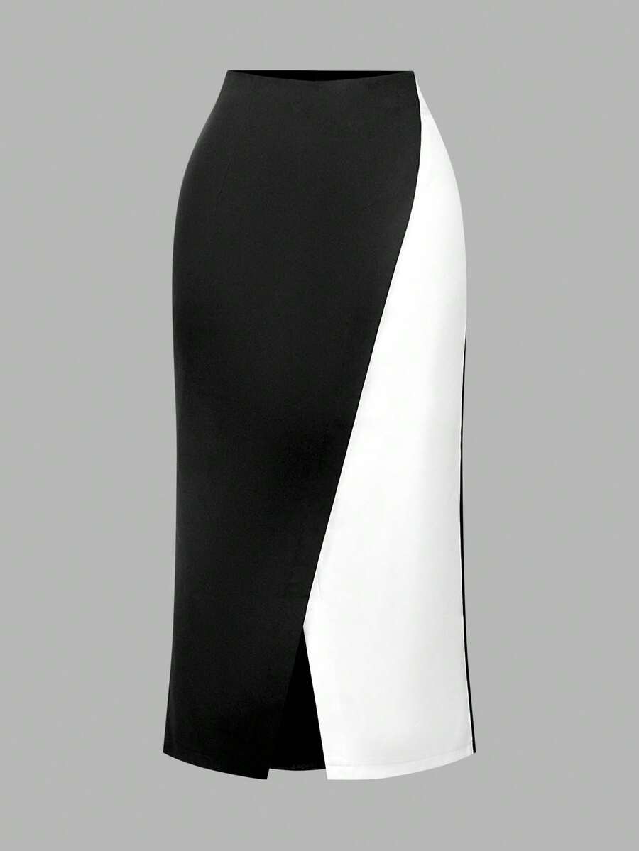 SHEIN Privé Rok Wanita Elegan Pas Badan dengan Resleting Kontras Hitam & Putih - Hitam dan Putih - View 1