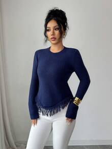 SHEIN Elenzya Women's Vintage Stockholm Style Graphic Pullover Sweater, Elegant & Versatile For Casual, Work, Dating, Autumn/Winter - Navy Blue - View 3
