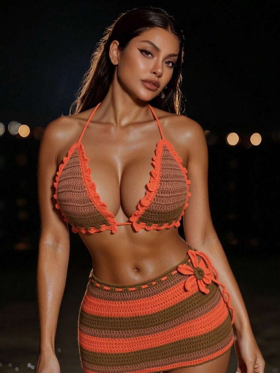 Swim SXY Ensemble de 2 pièces couvre-tout femme ras-du-cou BOHO Crazy dégradé Rouge Floral - Multicolore - Voir 1