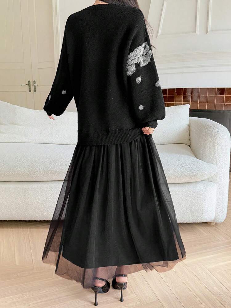Patchwork Floral Jacquard Loose Knit Sweater & Mesh Skirt Elegant Dress For Women, Autumn/Winter