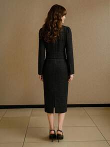 MOTF PREMIUM TWEED CONTRAST TAPE TRIM V-NECK JACKET & SKIRT SET - Black - View 2