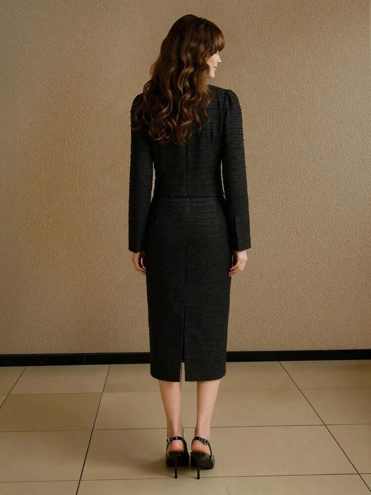 TWEED CONTRAST TAPE TRIM V-NECK JACKET & SKIRT SET