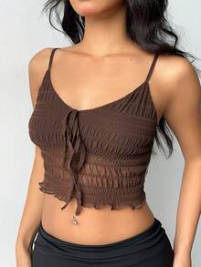FavEase American Style Casual Texture Fabric Ruffled Strap Cami Top With Ties - Coffee Brown - View 1
