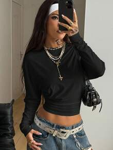 Coolane Women's Fall Minimalist Y2K Basic Daily Wear Casual Back To School Streetwear Stretchy White Loose Long Sleeve Ruched Crop Tees,Fall,Fall Clothes For Women - Black - View 1