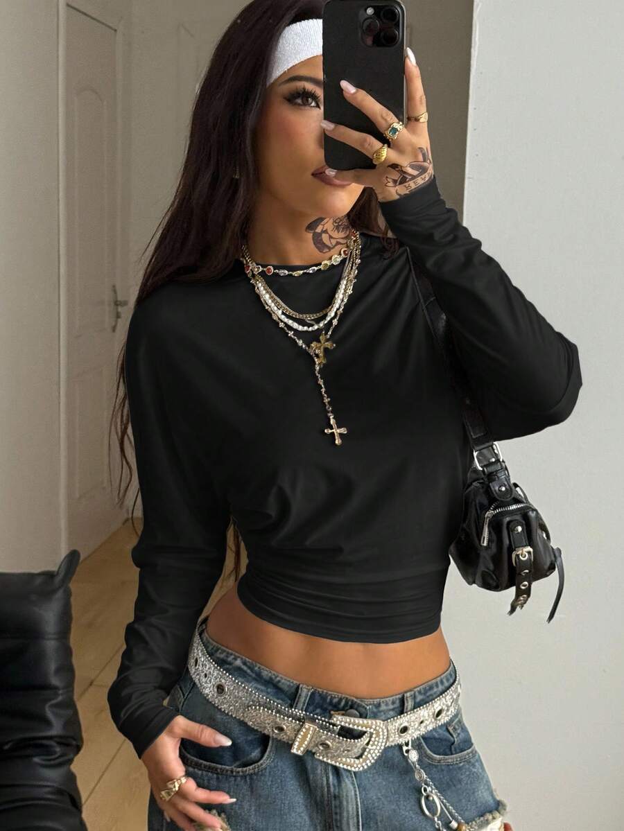 Coolane Women's Fall Minimalist Y2K Basic Daily Wear Casual Back To School Streetwear Stretchy White Loose Long Sleeve Ruched Crop Tees,Fall,Fall Clothes For Women - Black - View 1