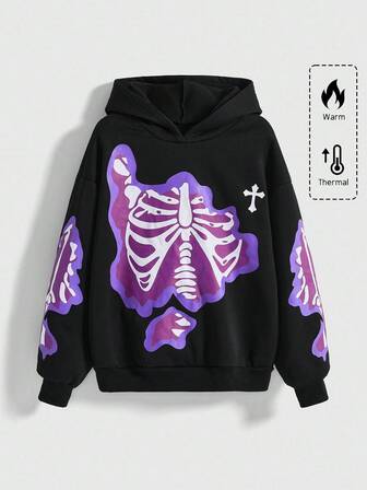 ROMWE Avant Bizarre Skeleton Pattern Lace Cute Rabbit Ear Lace Hoodie Sweatshirt, Loose Fit