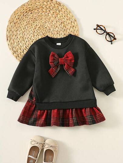 Baby Mädchen süßes Farbblock Langarmleid, weich & bequem, Herbst/Winter