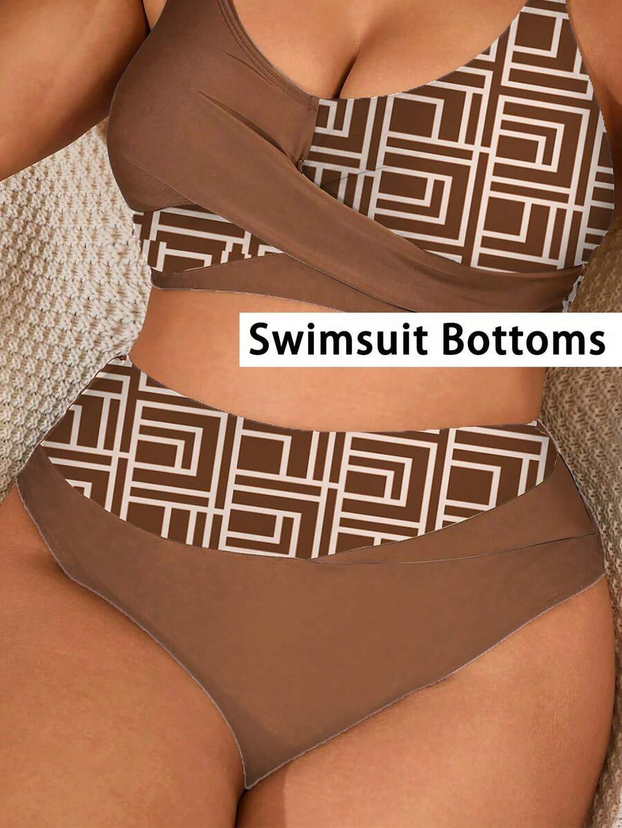 Swim Lushoire Plus Size One-Piece Solid Color & Random Geometric Print High Waist Patchwork Sexy Elegant Beach Vacation Women Bikini Bottom - Coffee Brown - View 1