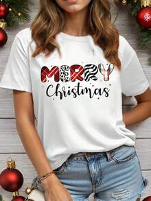 SHEIN EZwear Christmas Casual Merry Christmas Plaid Zebra & Cow Print Pattern Round Neck Short Sleeve Loose Women T-Shirt, Autumn/Winter Pullover Graphic