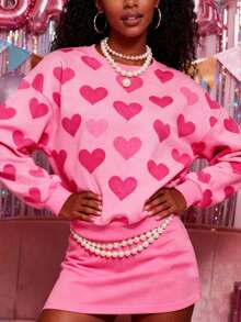 Rovax Women's Heart Print Casual Drop Shoulder Long Sleeve Sweatshirt, Suitable For Autumn/Winter, Outdoor, Festivals, Street, Valentine's Day Gift, Women's Gift, Sibling Gift, Sister Gift, Retro