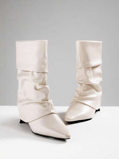 SHUZIA Women's Glamorous Sexy Pointy Toe Block Heel Mid-Calf Slouchy Boots For Christmas