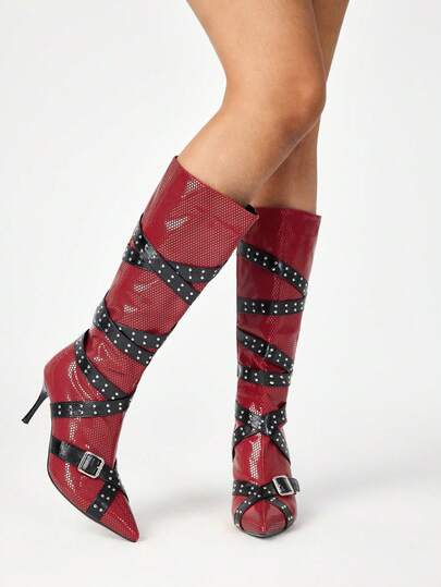 Grunge Punk Stivali alti sopra il ginocchio da donna con punta affusolata, tacco a spillo e borchie, colore nero