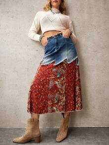 EMERY ROSE 女士碎花拼接毛边侧开衩休闲牛仔裙 - 藍色 - 查看 6