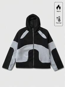 ROMWE MEN Prep Men's Contrast Color Zipper Collar Hooded Fleece Long Sleeve Jacket, Autumn/Winter - Multicolor - View 6