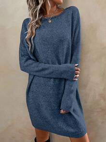 SHEIN LUNE 女士休闲度假蝙蝠袖针织连衣裙 - 藍色 - 查看 4
