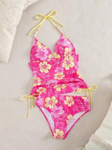 Swim Vcay Ladies Beach Music Festival Spring/Summer Flower Pattern Beaded Drawstring Ruched Neck Hanging Elegant Ladies Tankini Swimsuit Two Pieces Set - Multicolor - View 3