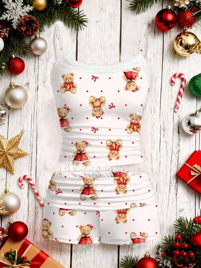SHEIN EZwear Casual Sexy Home Style Christmas New Year Bear Santa Gift Allover Print Lace Camisole And Ruched Shorts Women 2 Pieces Set, Suitable For Autumn/Winter, Home, Party