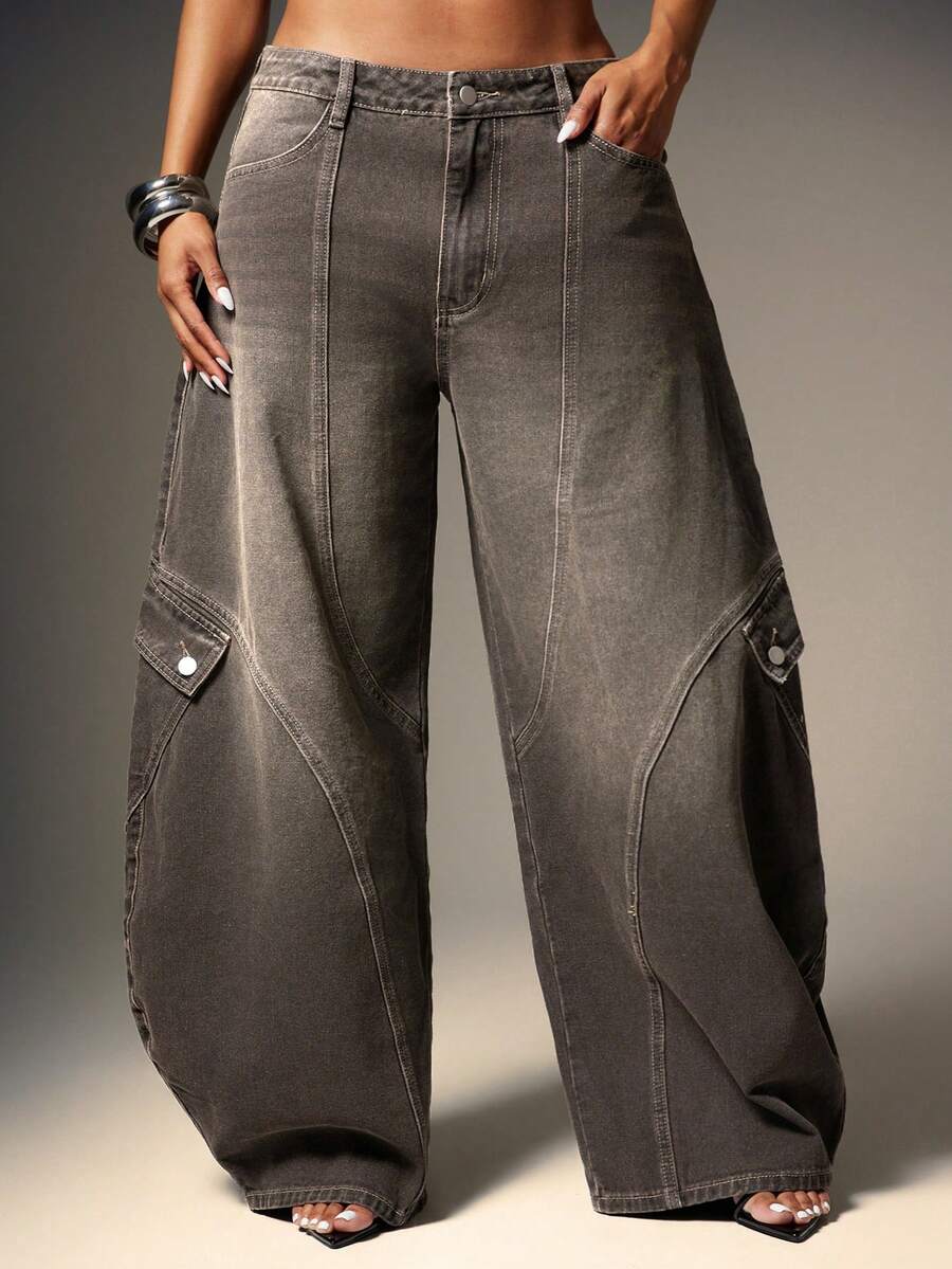 Denimoi Women's Fashionable Vintage Washed Low-Waist Flared Leg Jeans