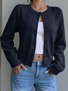 SHEIN 少女针织开衫，休闲纯色圆领长袖宽松短款毛衣，保暖舒适，时尚百搭，适合日常通勤 - 藏蓝色 - 查看 7