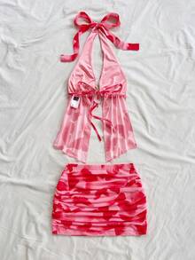 Soleia Bộ áo hai dây in họa tiết hoa giả và chân váy ngắn xếp ly cho nữ đi nghỉ mát, phong cách Boho, đi nghỉ - Hồng - Xem 2