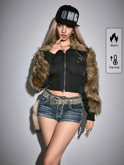 J-Fashion Y2K Harajuku Faux Fur Patchwork Padded Winter Jacket For Women