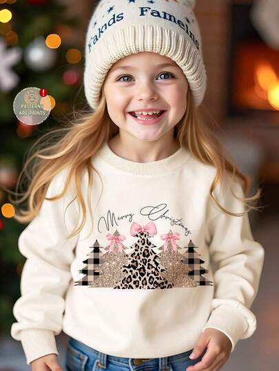 SHEIN Cremefarbener & rosa Schleife Glitzer Leopard Weihnachtsbaum Muster lässiger minimalistischer dicker weicher bequemer weiter Rundhals Langarm Sweatshirt, geeignet für Kleine Mädchen im Herbst/Winter, Alltagstragen, Weihnachten, gemütliche Saison, Weihnachtsstimmung, Weihnachtsgeschenke, Herbst- & Winteroutfits für Mädchen, einfacher Komfort, Herbst- & Winterlagen für Mädchen, stilvolle Mädchen, Freizeitkleidung, Kinder Grafik Kleidung, Herbst- & Winterkleidung, schicker Herbst, neuer Herbststil, Wintermode